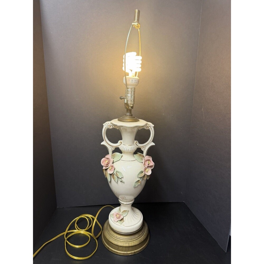 Vintage Capodimonte Porcelain Urn Lamp Ivory Pink Roses & Gold Accents 32”